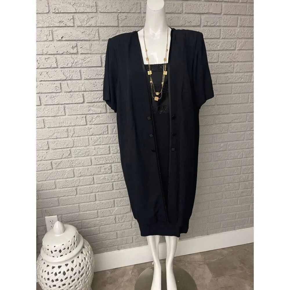 Women's Perceptions by Irene B Women Black Beaded Formal Dress Duster2 Pcs Set S